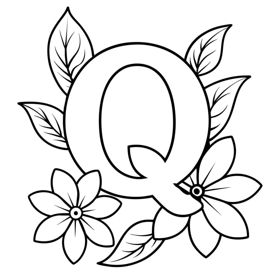 Alphabet Q coloring page with the flower, Q letter digital outline floral coloring page, ABC coloring page vector