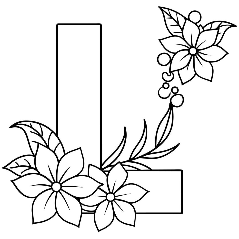 Alphabet L coloring page with the flower, L letter digital outline floral coloring page, ABC coloring page vector