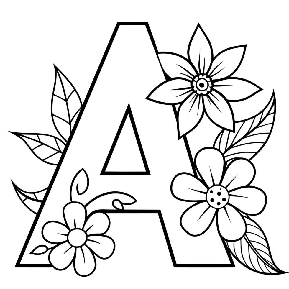 Alphabet A coloring page with the flower, A letter digital outline floral coloring page, ABC coloring page vector