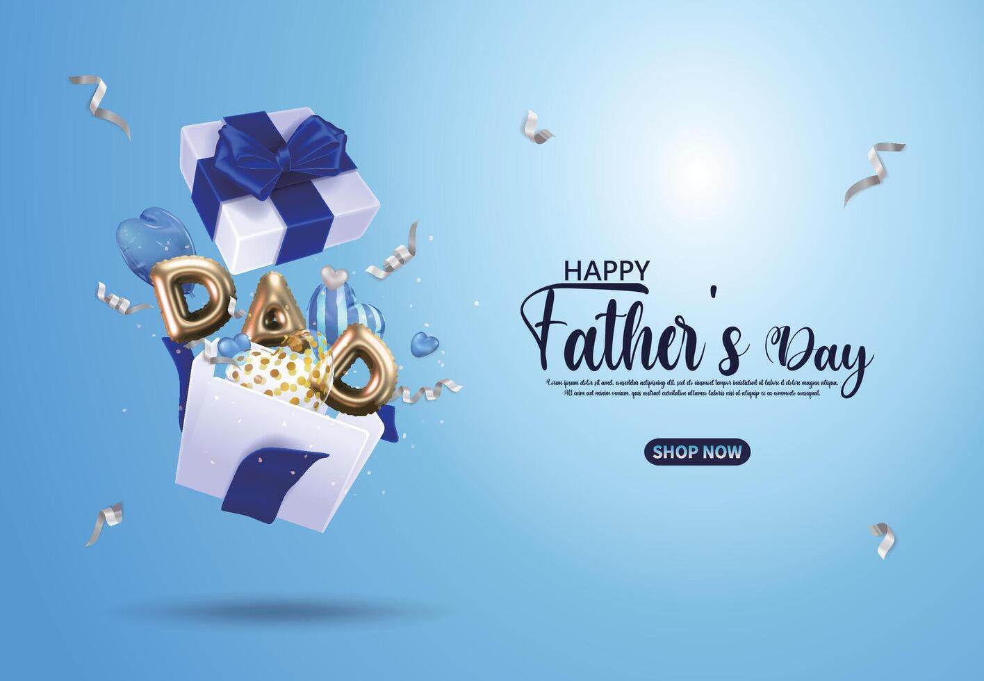 Blue Father's Day sales page, open gift box with flying heart balloons, DAD letter balloons and ribbons vector