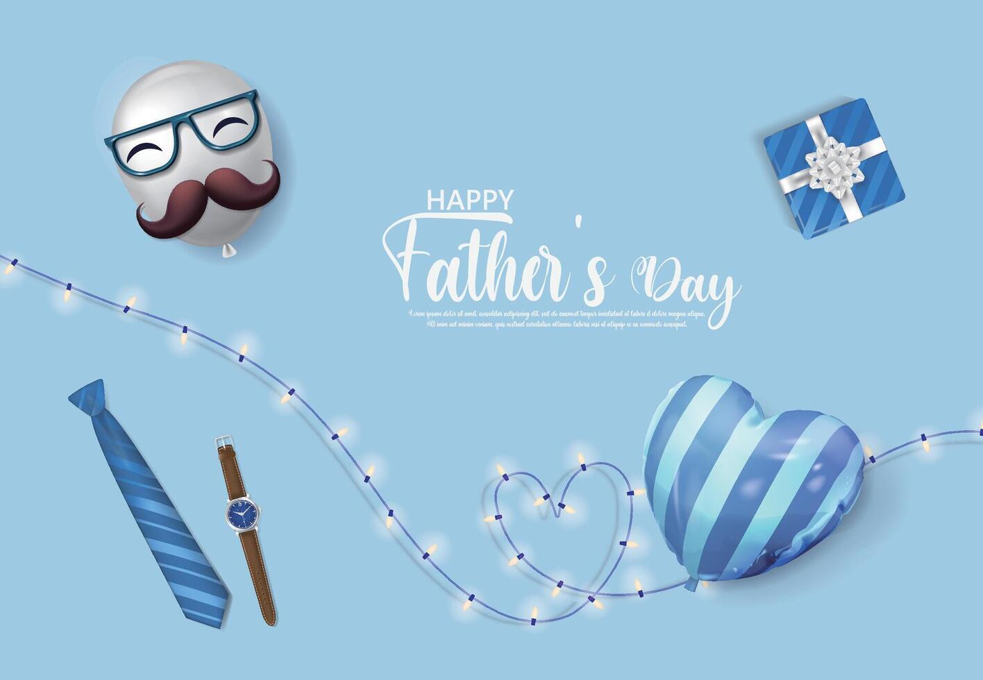 Blue Father's Day greeting card with balloons and string lights, tie, watch, gifts vector