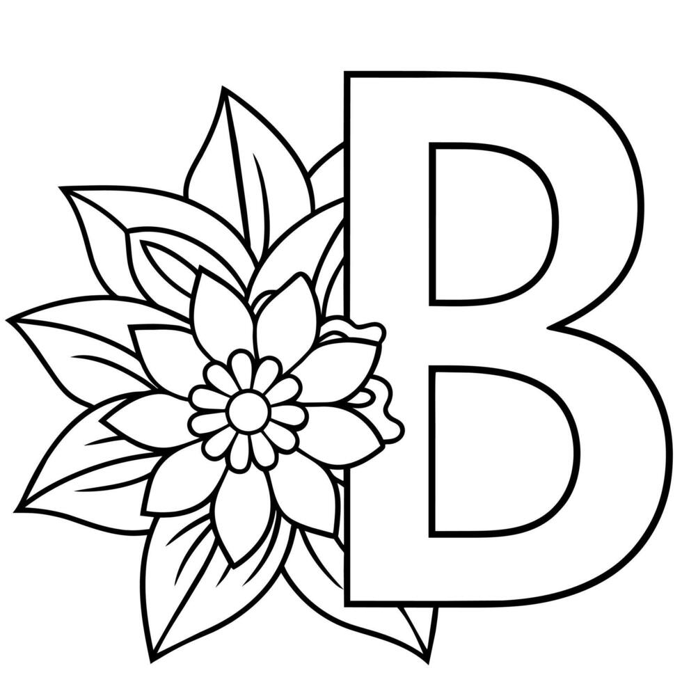 Alphabet B coloring page with the flower, B letter digital outline floral coloring page, ABC coloring page vector