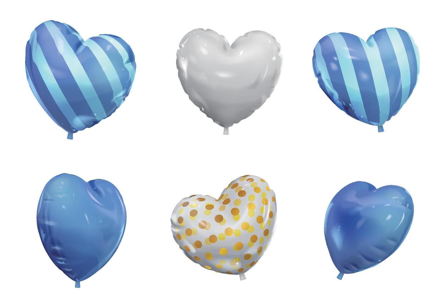 A set of heart balloons with different angles and patterns, including blue, silver and transparent vector