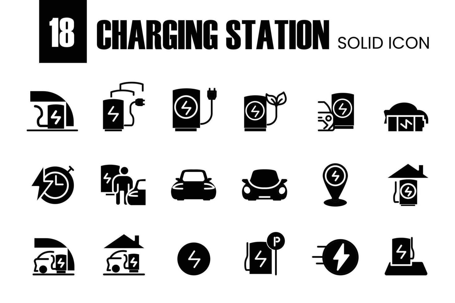 Car Charging Station Related solid Icons. Contains such Icons as Electric socket station, Car plugged to charge, Battery and more. Editable Stroke vector