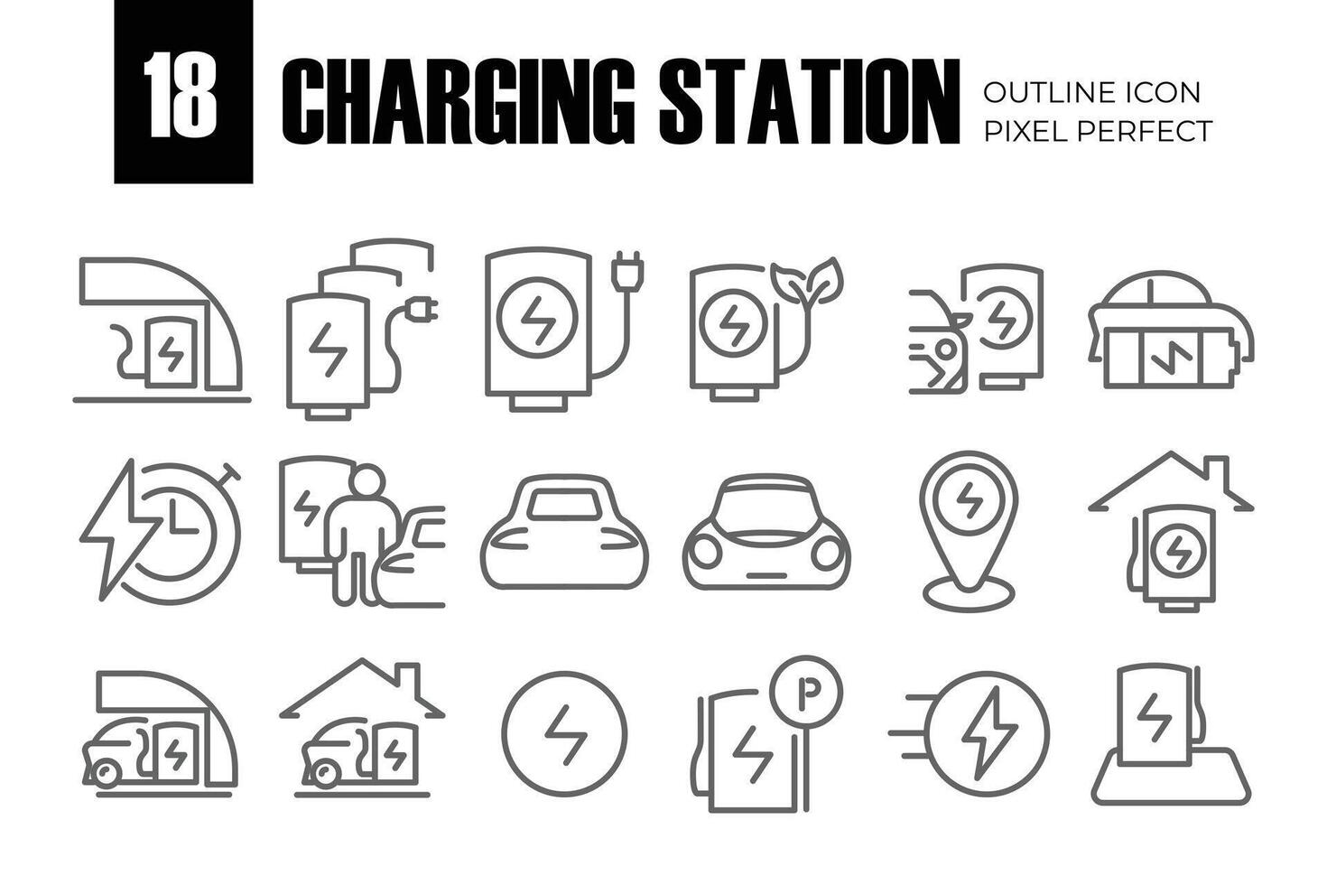 Car Charging Station Related Line Icons. Contains such Icons as Electric socket station, Car plugged to charge, Battery and more. Editable Stroke vector
