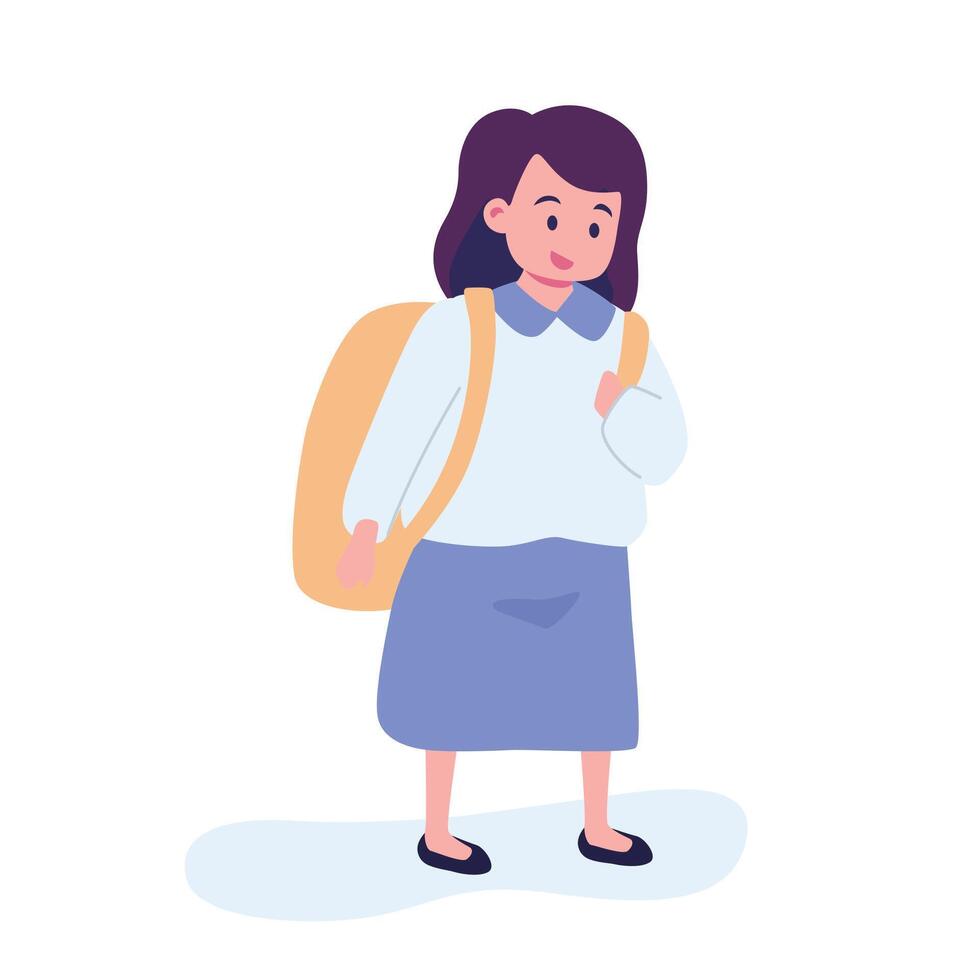 girls going to elementary or middle school illustration. Happy pupils holding books surrounded by autumn leaves isolated on white. Collection of children with backpack or bag vector