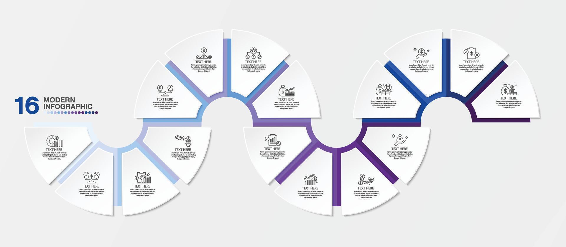 Blue tone circle infographic with 16 steps, process or options. vector