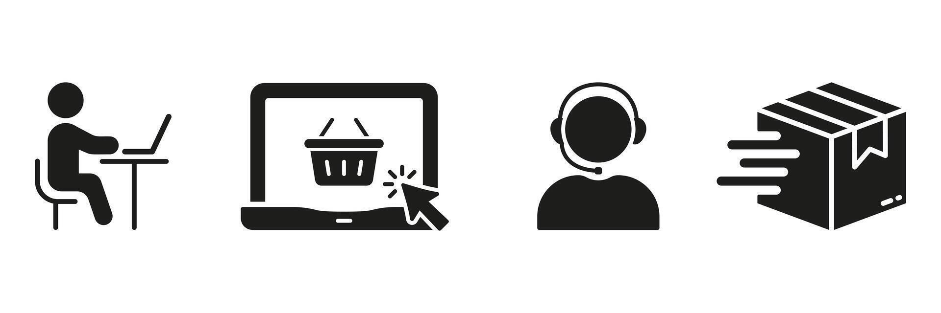 Ecommerce Silhouette Icon Set. Buy In Online Store Symbol Collection. Delivery Service Support Glyph Pictogram. Shopping Steps Solid Sign. Isolated Illustration vector