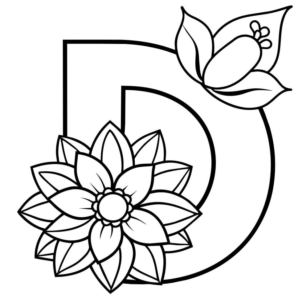 Alphabet D coloring page with the flower, D letter digital outline floral coloring page, ABC coloring page vector