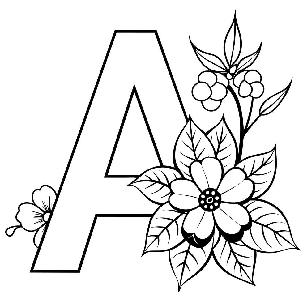 alfabeto un colorante página con el flor, un letra digital contorno floral colorante página, a B C colorante página vector