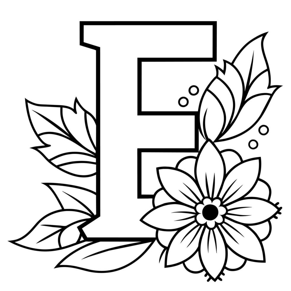 Alphabet E coloring page with the flower, E letter digital outline floral coloring page, ABC coloring page vector