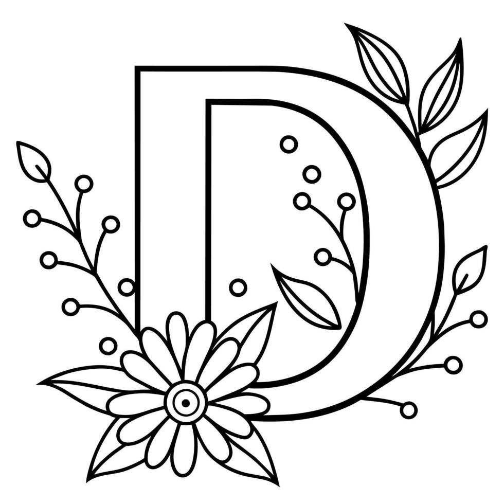 Alphabet D coloring page with the flower, D letter digital outline floral coloring page, ABC coloring page vector