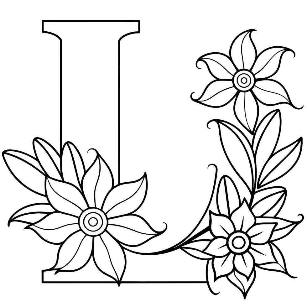 Alphabet L coloring page with the flower, L letter digital outline floral coloring page, ABC coloring page vector