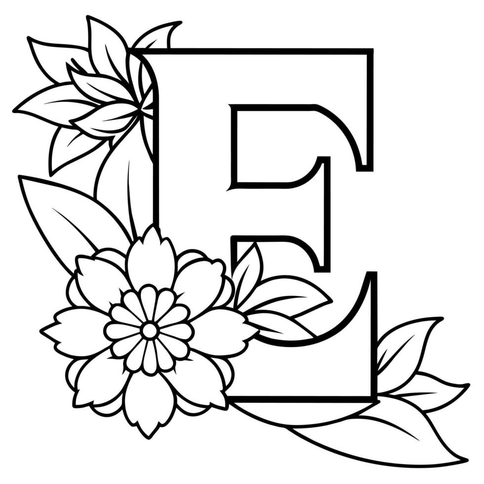 Alphabet E coloring page with the flower, E letter digital outline