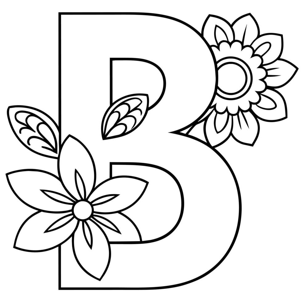 Alphabet B coloring page with the flower, B letter digital outline floral coloring page, ABC coloring page vector