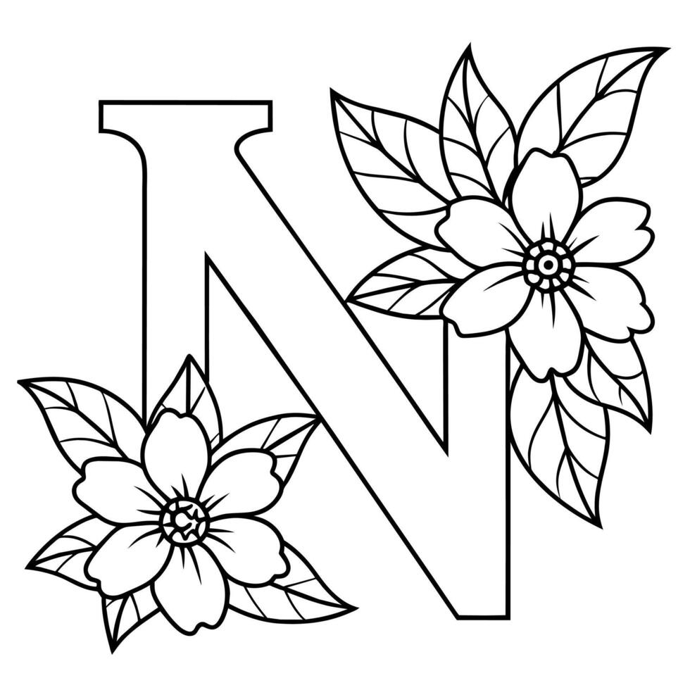 Alphabet N coloring page with the flower, N letter digital outline floral coloring page, ABC coloring page vector