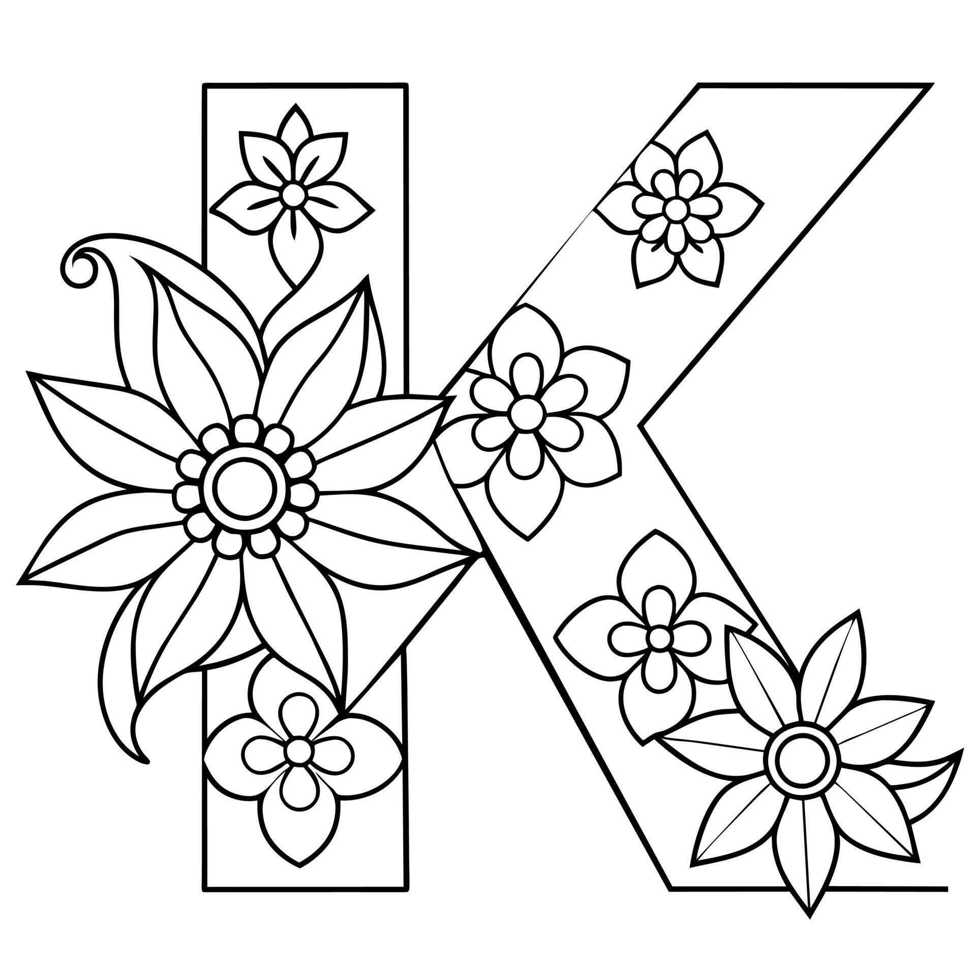 Alphabet K coloring page with the flower, K letter digital outline ...