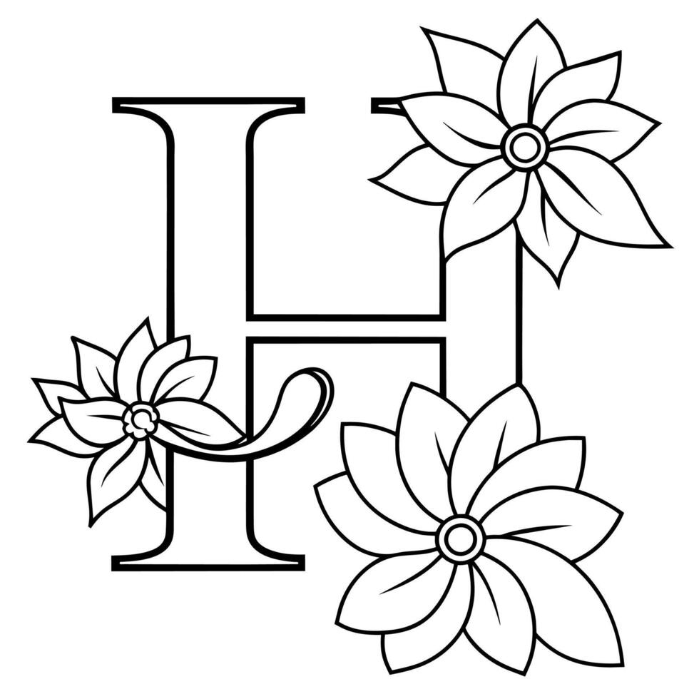 alfabeto h colorante página con el flor, h letra digital contorno floral colorante página, a B C colorante página vector