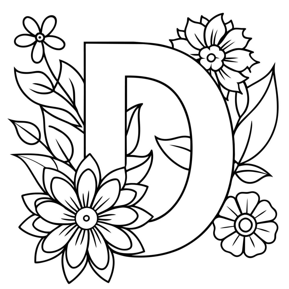 Alphabet D coloring page with the flower, D letter digital outline floral coloring page, ABC coloring page vector