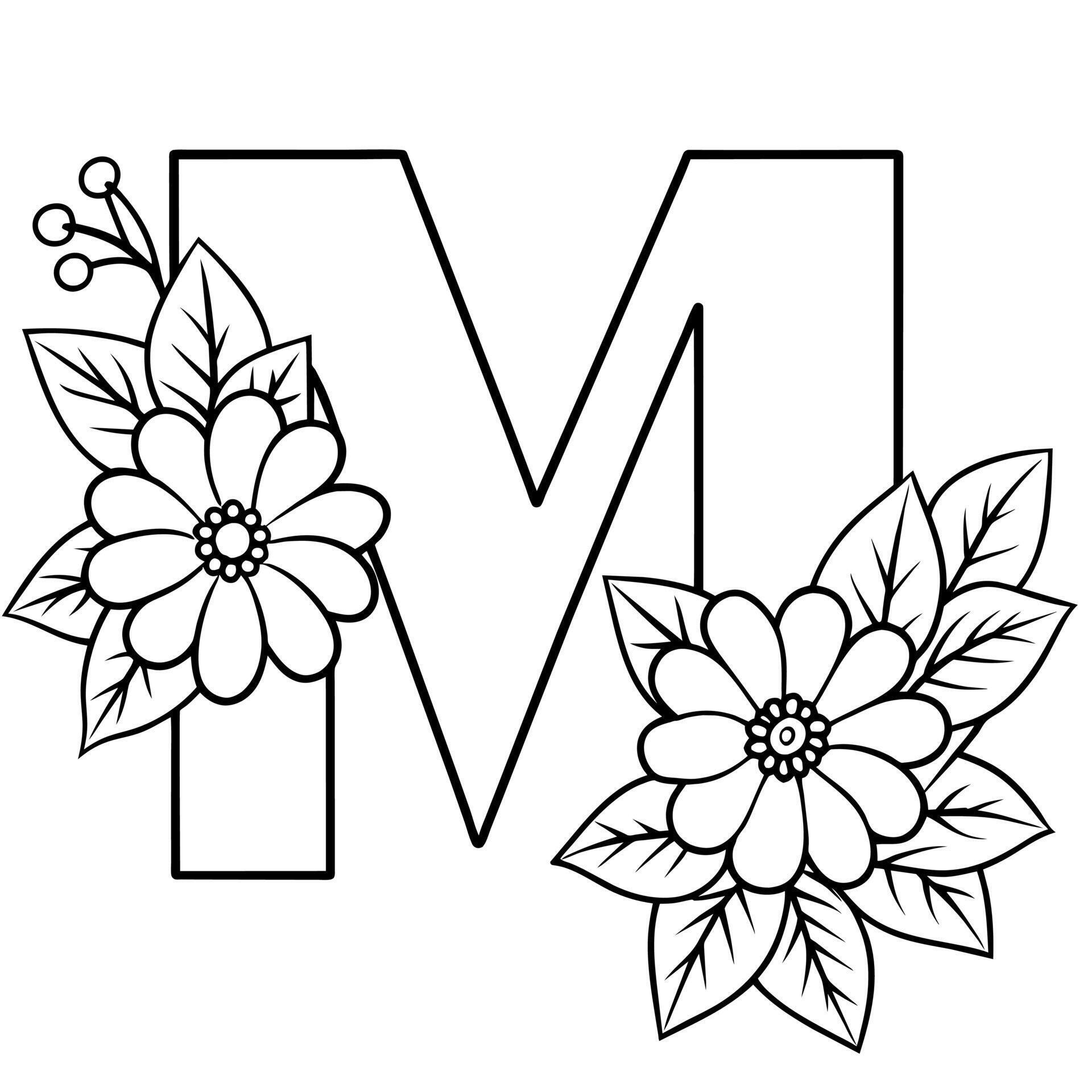 Alphabet M coloring page with the - Alphabet M Coloring Page With The Flower M Letter Digital Outline Floral Coloring Page Abc Coloring Page Free Vector