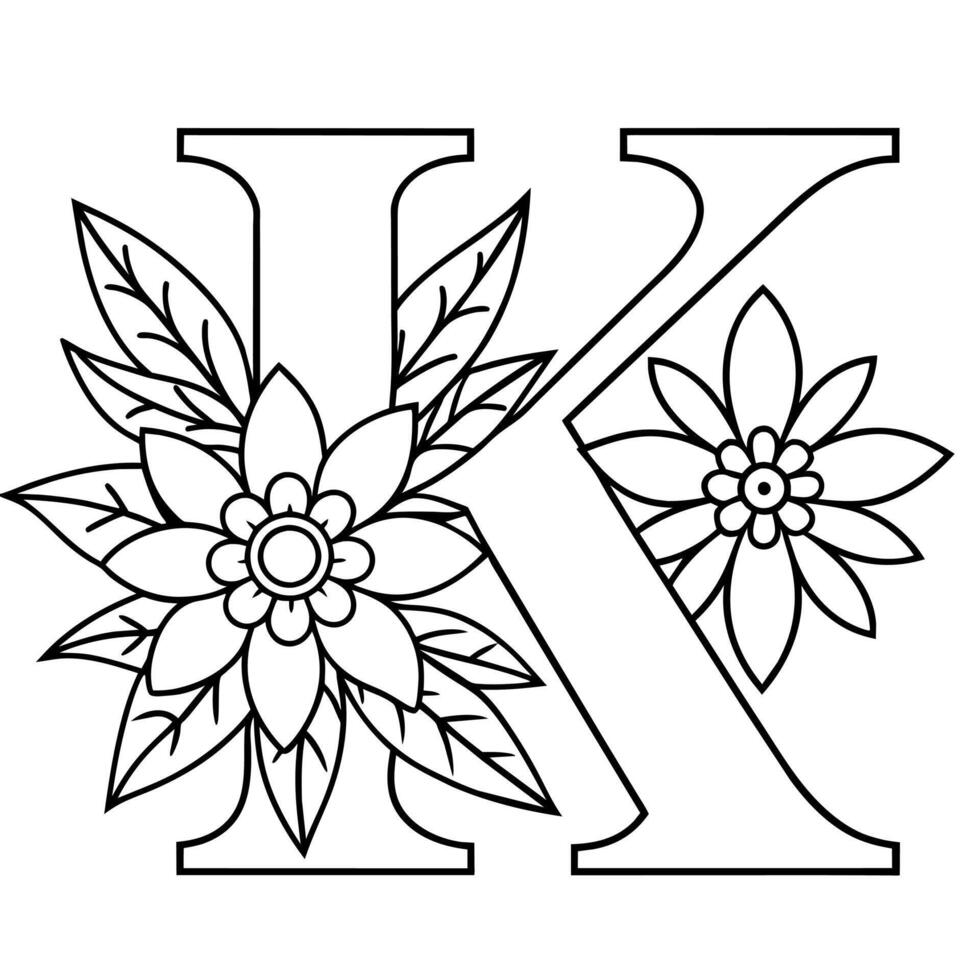 Alphabet K coloring page with the flower, K letter digital outline floral coloring page, ABC coloring page vector