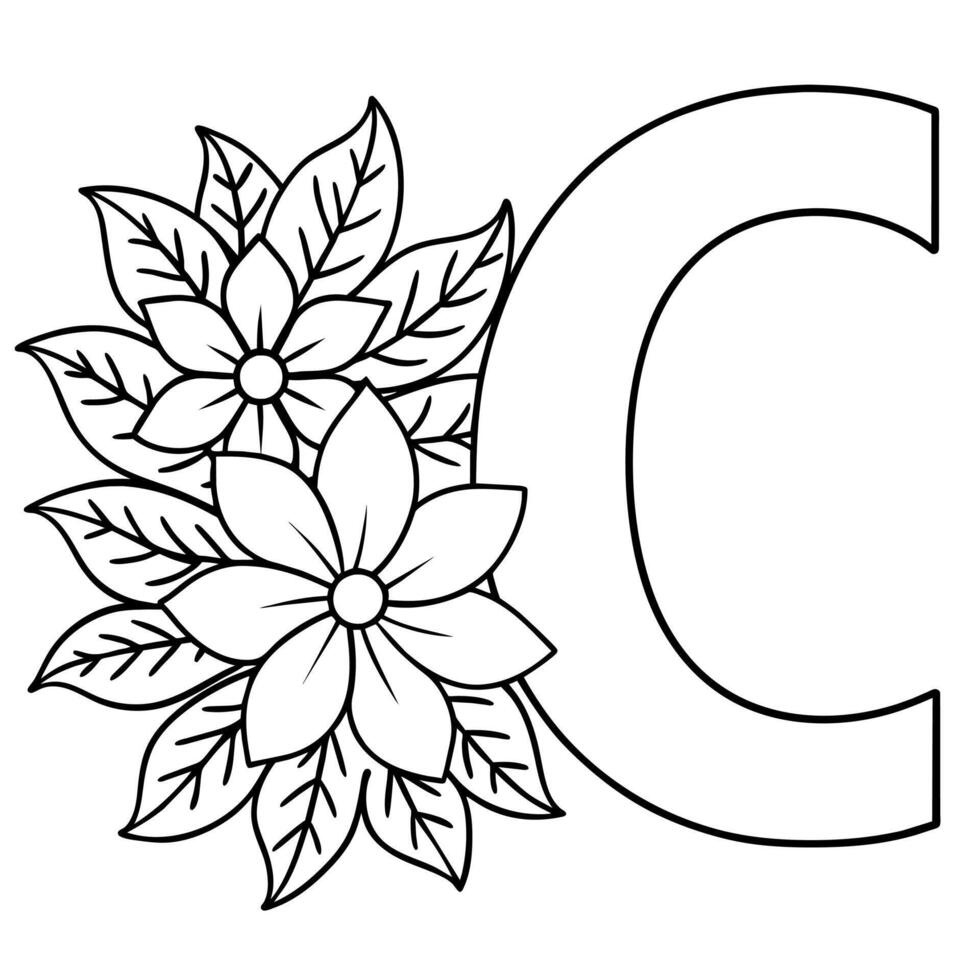 Alphabet C coloring page with the flower, C letter digital outline floral coloring page, ABC coloring page vector