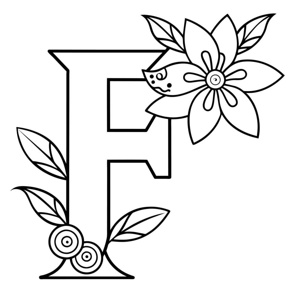 alfabeto F colorante página con el flor, F letra digital contorno floral colorante página, a B C colorante página vector