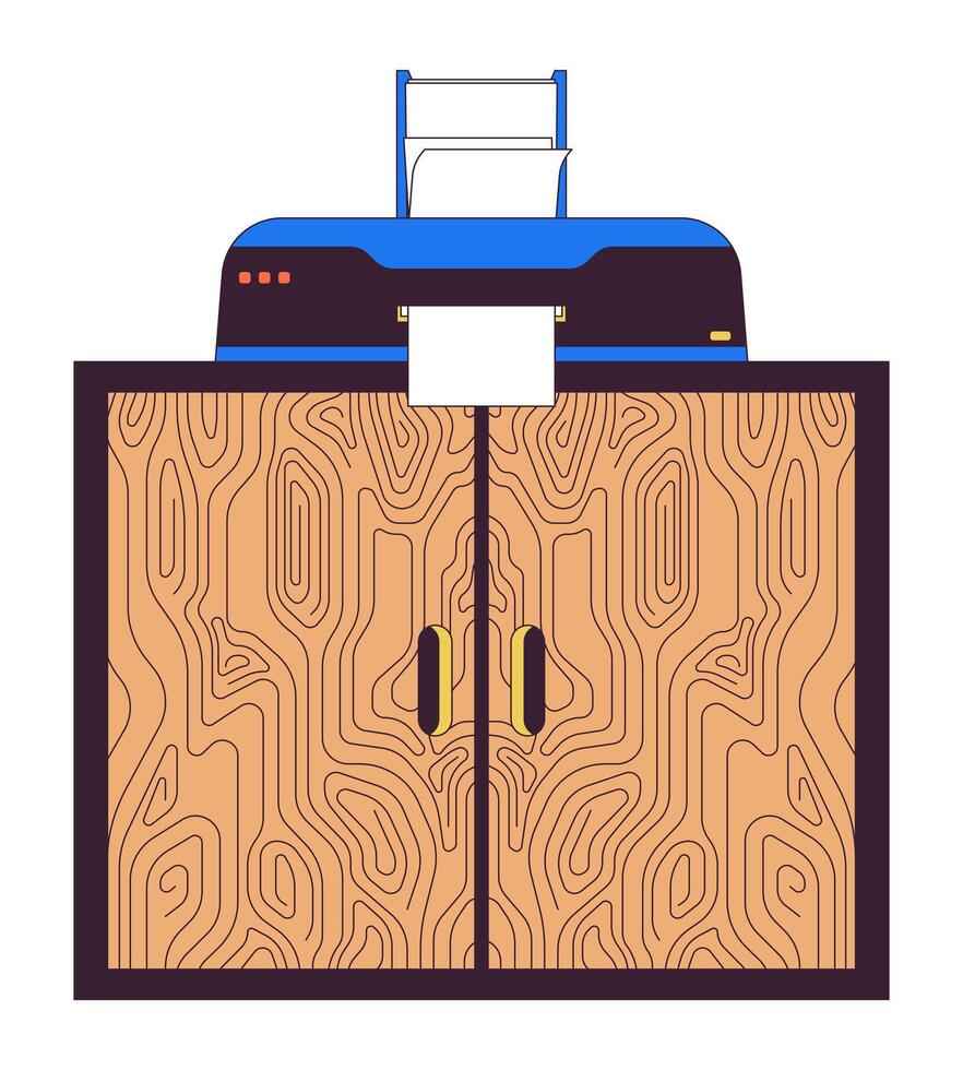 Printer with paper sheet on cabinet 2D linear cartoon objects. Printing device in office isolated line elements white background. Corporate interior design color flat spot illustration vector