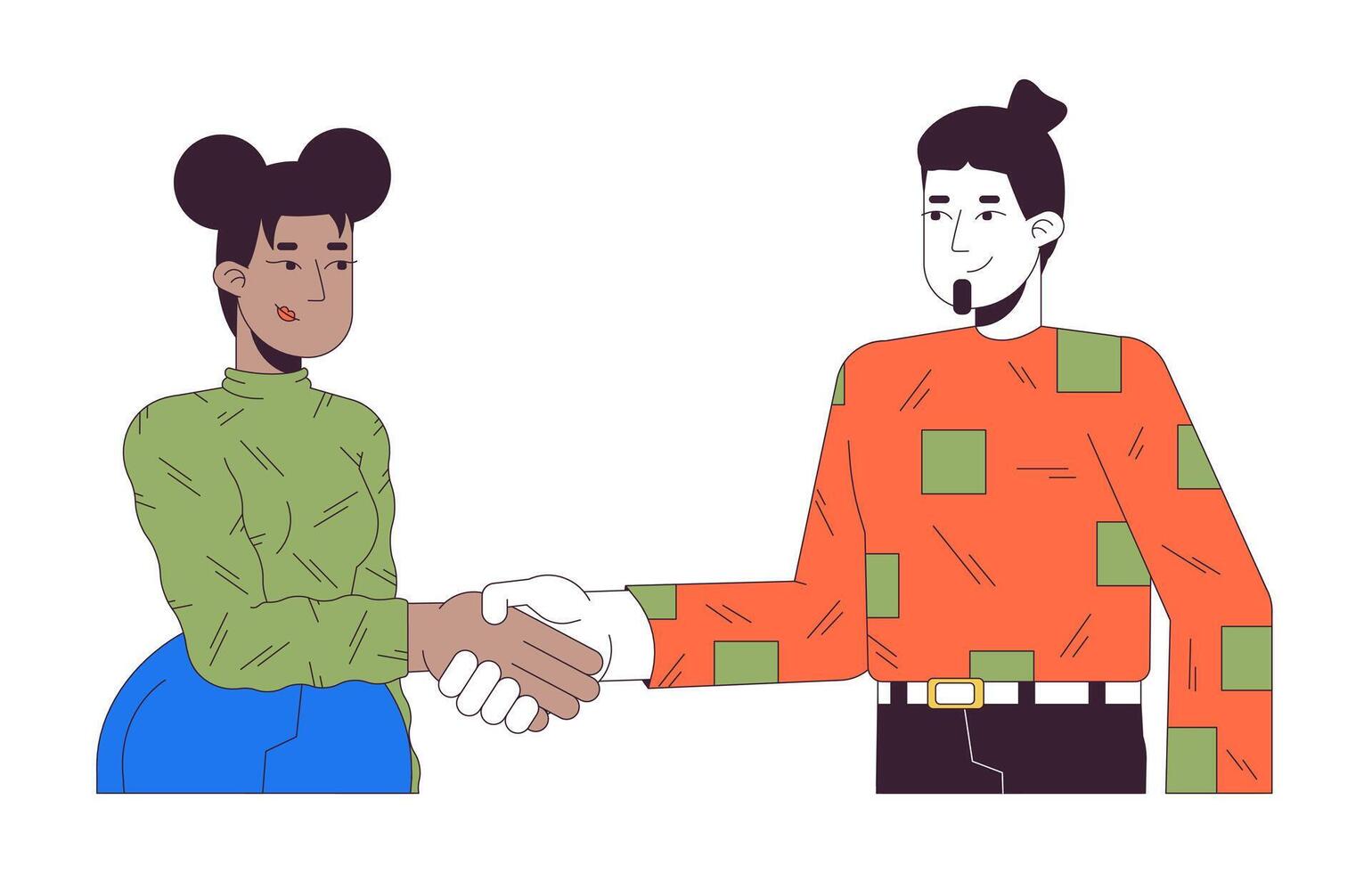 Man and woman handshake 2D linear cartoon characters. Black female greeting friend shaking hands isolated line people white background. Deal agreement color flat spot illustration vector