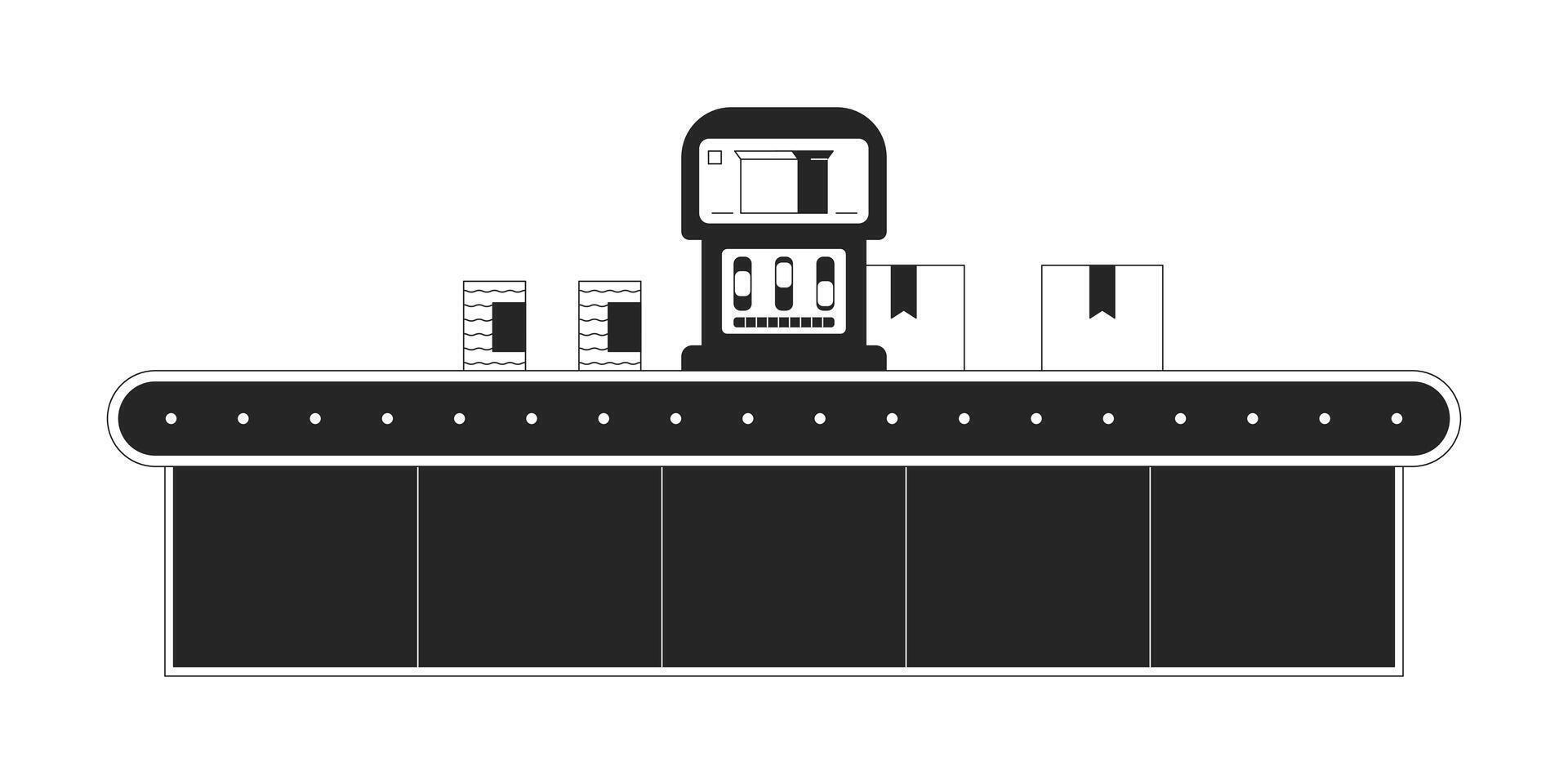 producción montaje línea negro y blanco 2d línea dibujos animados objeto. transportador cinturón cajas aislado contorno artículo. industrial equipo. fábrica industrial planta monocromo plano Mancha ilustración vector