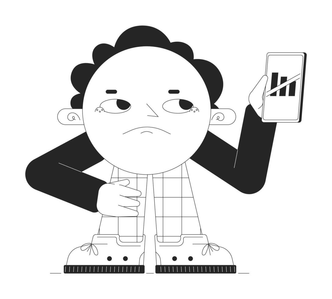 No phone signal black and white 2D illustration concept. Retro groovy cartoon outline character isolated on white. Disconnected. Cute geometric figure holding smartphone metaphor monochrome art vector