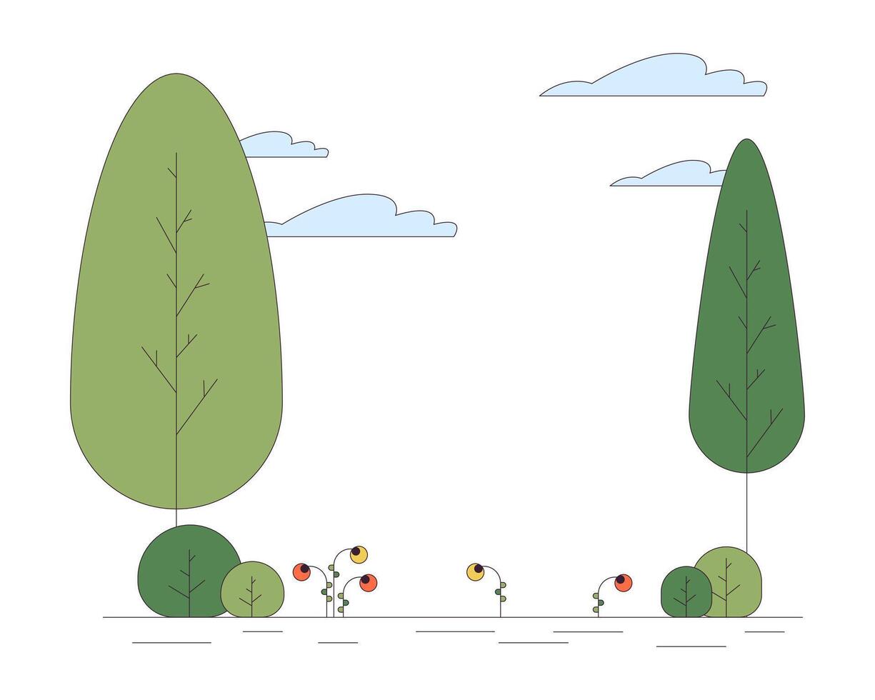 parque arboles nubes línea dibujos animados plano ilustración. arbustos verdor verano al aire libre No personas 2d arte lineal paisaje aislado en blanco antecedentes. fuera de primavera pacífico escena color imagen vector