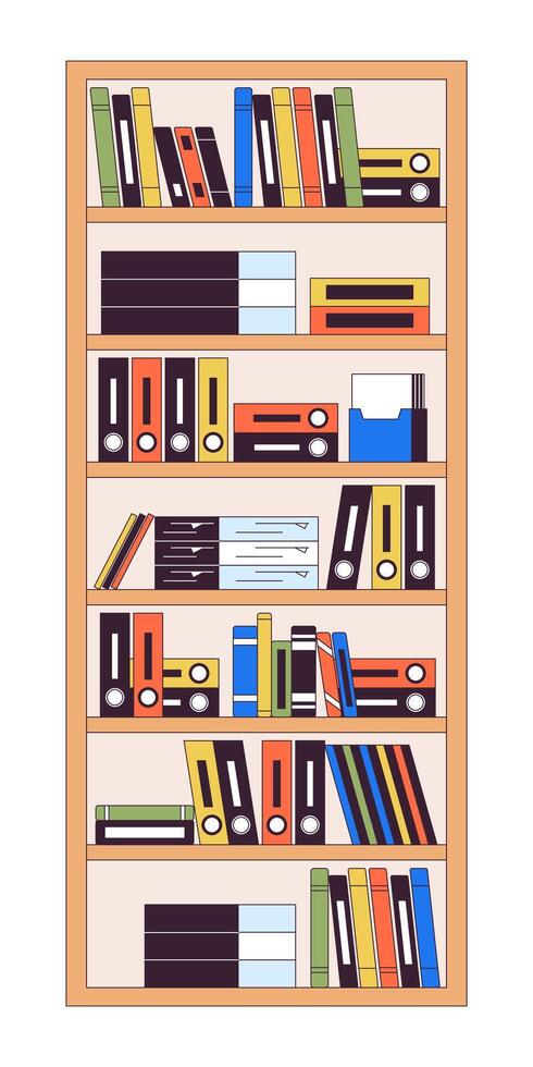 Shelving unit with files and folders 2D linear cartoon object. Bookcase in office isolated line element white background. Documents storage furniture color flat spot illustration vector