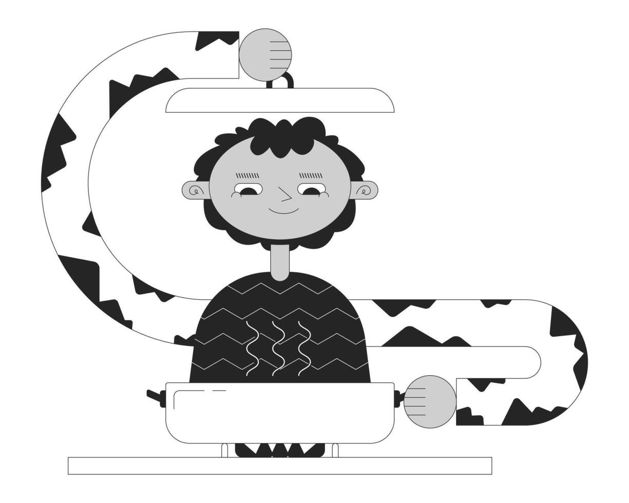 Cocinando en estufa cocina negro y blanco 2d ilustración concepto. retro maravilloso dibujos animados contorno personaje aislado en blanco. linda geométrico figura participación maceta con tapa metáfora monocromo Arte vector