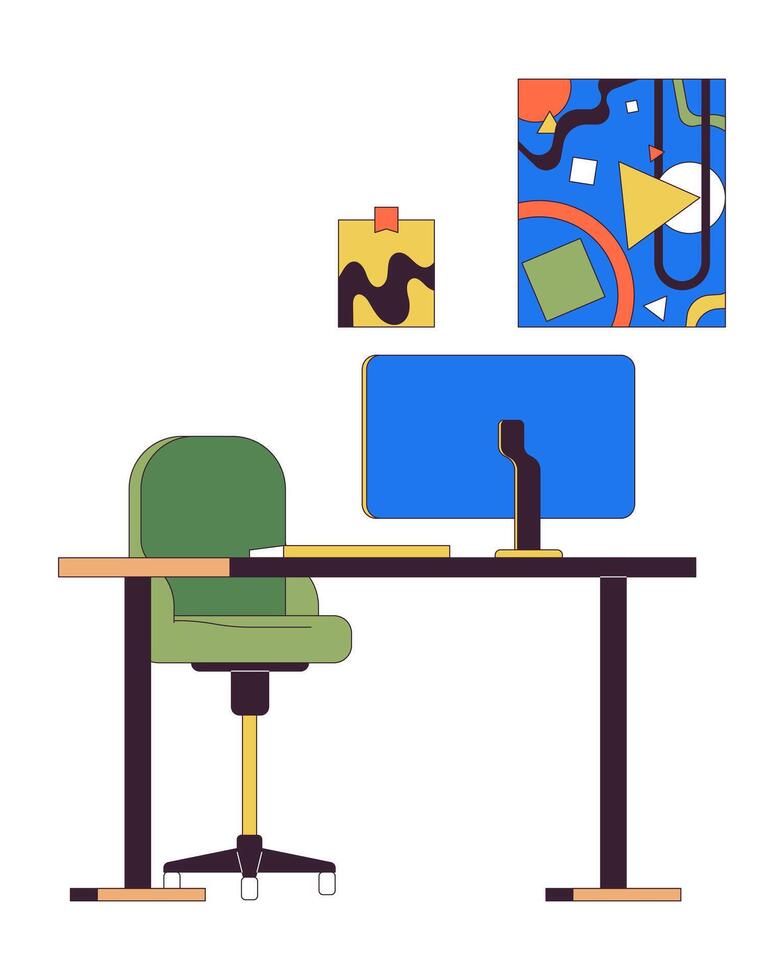 Freelancer workplace with computer monitor 2D linear cartoon objects. Pc desk and hanging paintings isolated line elements white background. Home office interior color flat spot illustration vector