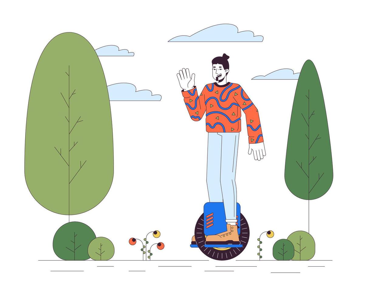 Caucasian guy riding electric unicycle line cartoon flat illustration. One wheel scooter man 2D lineart character isolated on white background. Green mobility technology scene color image vector