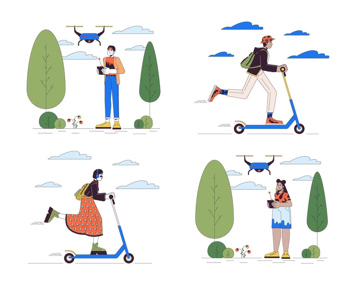 tecnología en todos los días vida línea dibujos animados plano ilustraciones colocar. multicultural personas 2d arte lineal caracteres aislado en blanco antecedentes. zumbido dron, e-scooter escenas color imágenes colección vector