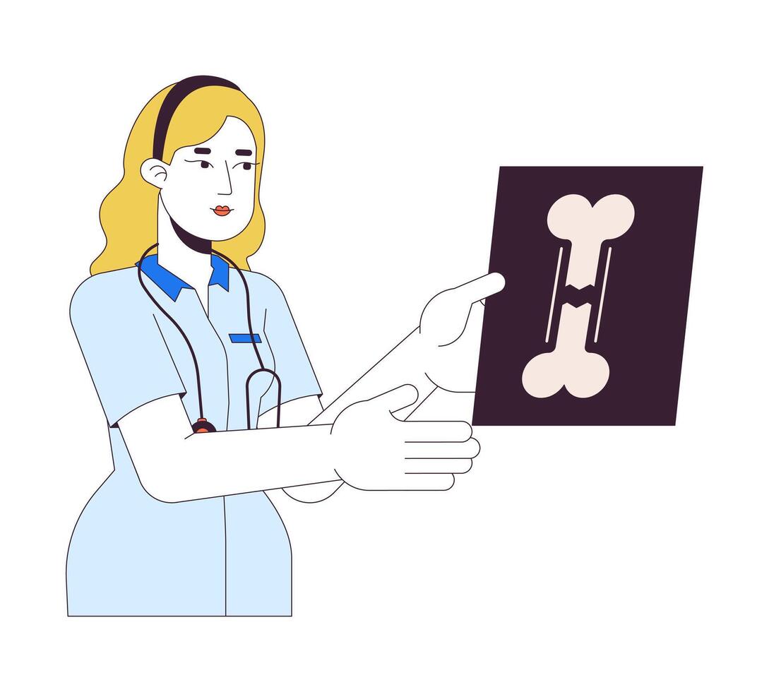 Female doctor holding x ray image 2D linear cartoon character. Traumatologist examining broken bone isolated line person white background. Traumatology color flat spot illustration vector