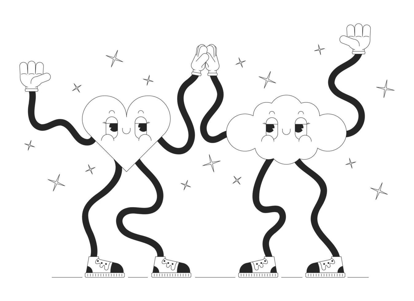 High five groovy heart and cloud black and white 2D illustration concept. Wavy hands retro cartoon outline characters isolated on white. Cute geometric figures high-five metaphor monochrome art vector
