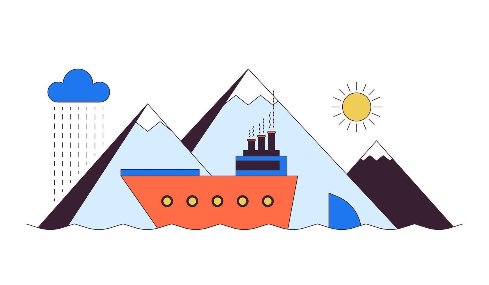 Vessel sailing past mountains 2D linear cartoon objects. Travelling by water. Tourist ship on exotic cruise isolated line elements white background. Sea vacation color flat spot illustration vector