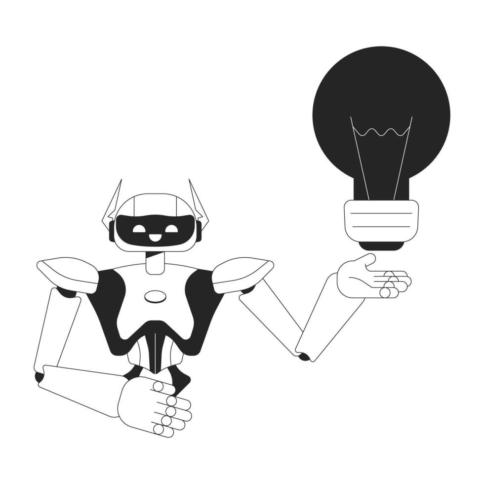 Robot assistant generating idea black and white 2D line cartoon character. Robotics holding lightbulb isolated outline personage. Technology innovation monochromatic flat spot illustration vector