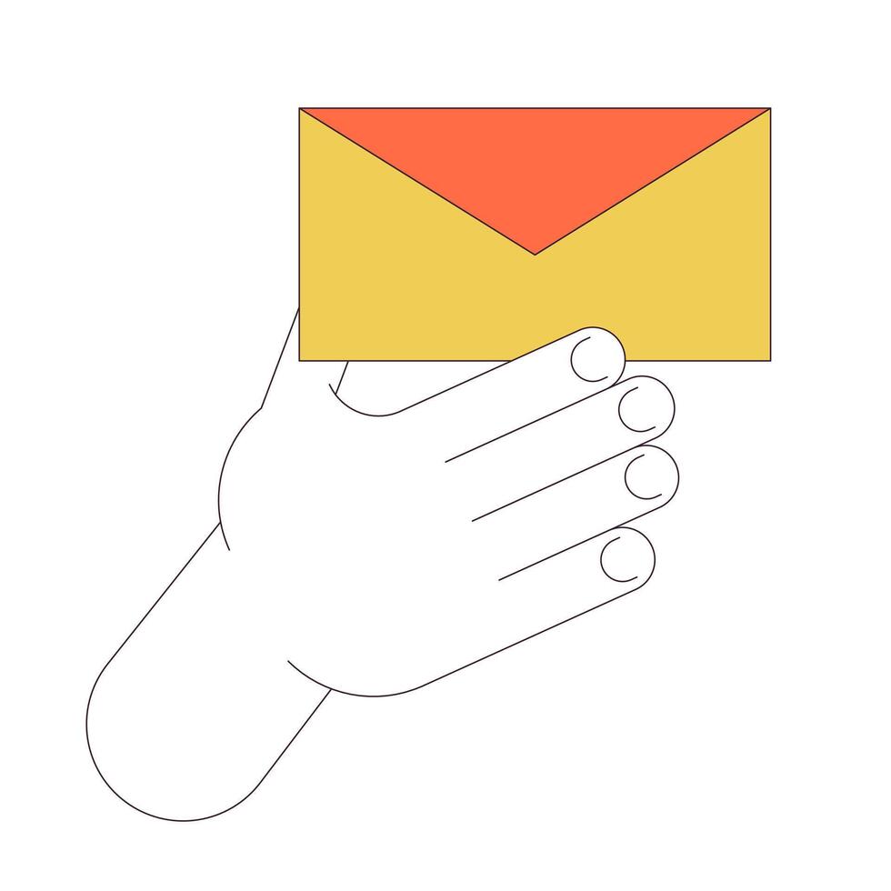Holding closed envelope linear cartoon character hand illustration. Communication via paper letters outline 2D image, white background. Sending message by mail editable flat color clipart vector