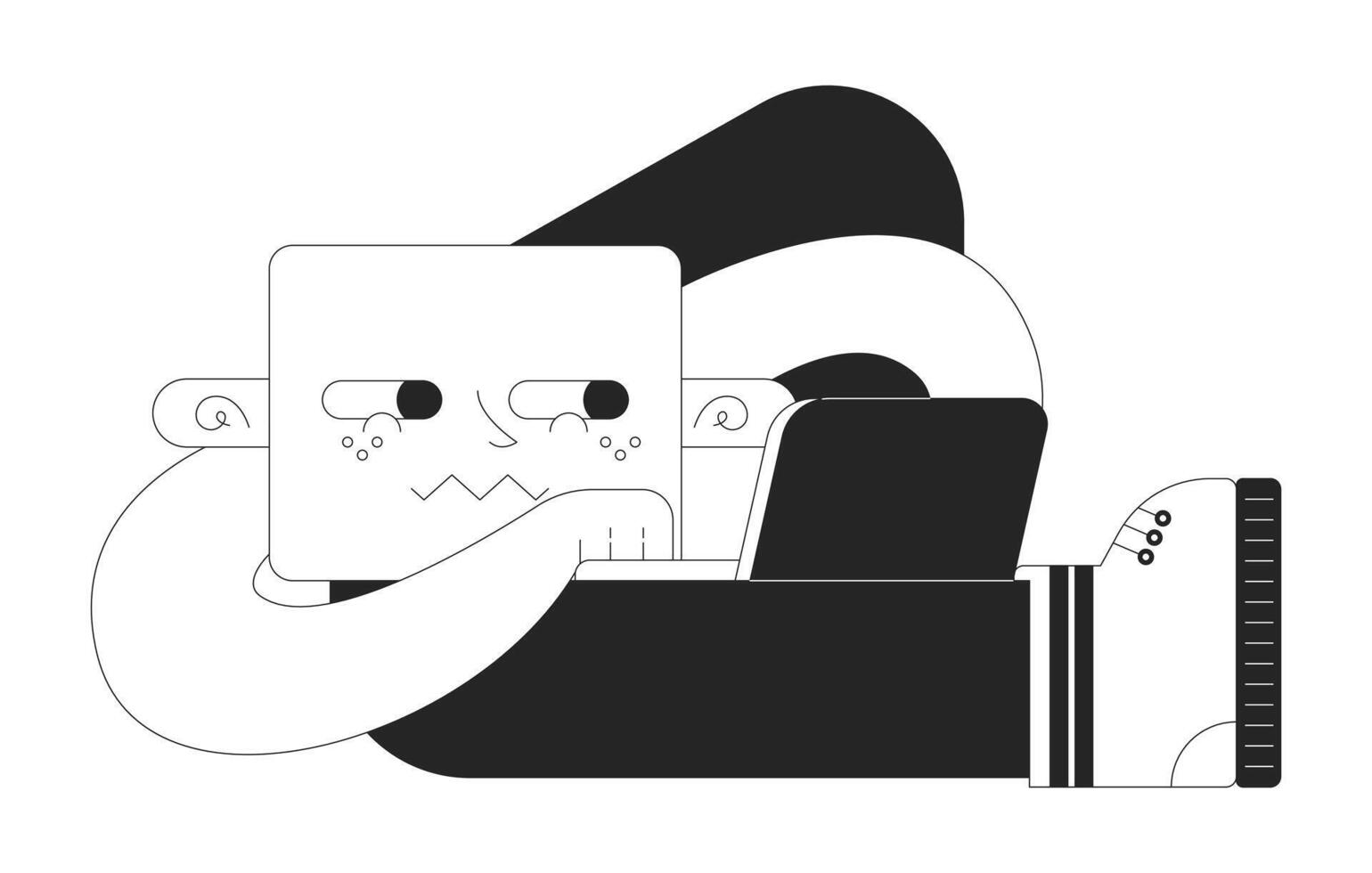 Office worker laptop black and white 2D illustration concept. Teleworker. Retro groovy cartoon outline character isolated on white. Cute geometric figure happy browsing metaphor monochrome art vector