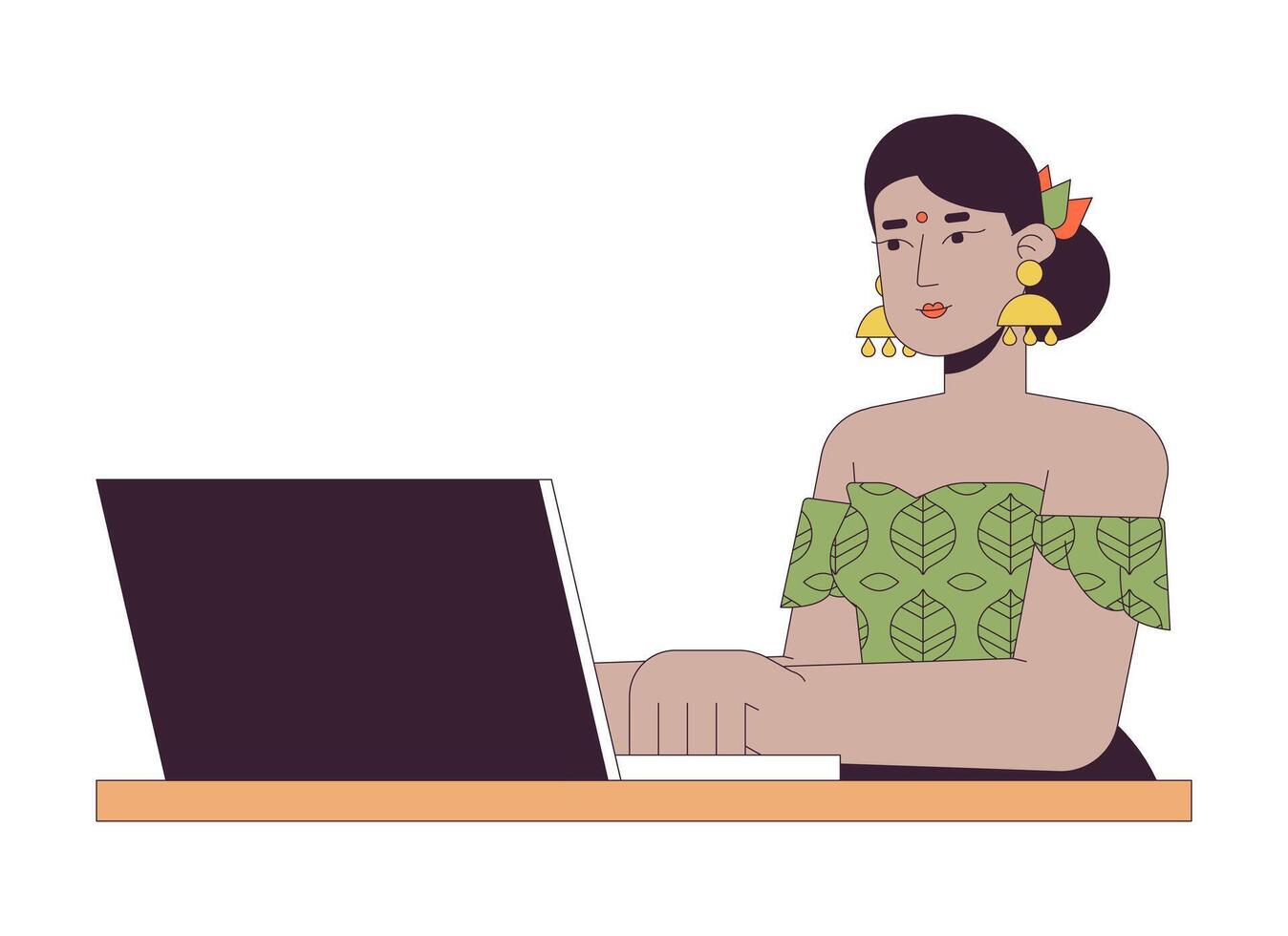 indio mujer trabajando en ordenador portátil 2d lineal dibujos animados personaje. hindú hembra teletrabajador a computadora aislado línea persona blanco antecedentes. subcontratar empleado trabajo color plano Mancha ilustración vector