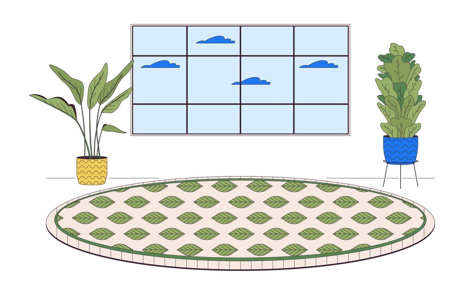 Houseplants livingroom cozy carpet round line cartoon flat illustration. Floor rug leaves pattern 2D lineart interior isolated on white background. Potted plants living room scene color image vector