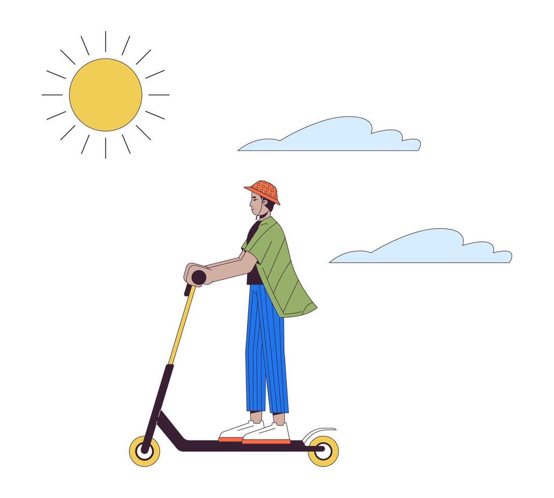 Young man riding kick scooter on sunny day 2D linear cartoon character. Indian male enjoying weekend isolated line person white background. Lifestyle color flat spot illustration vector