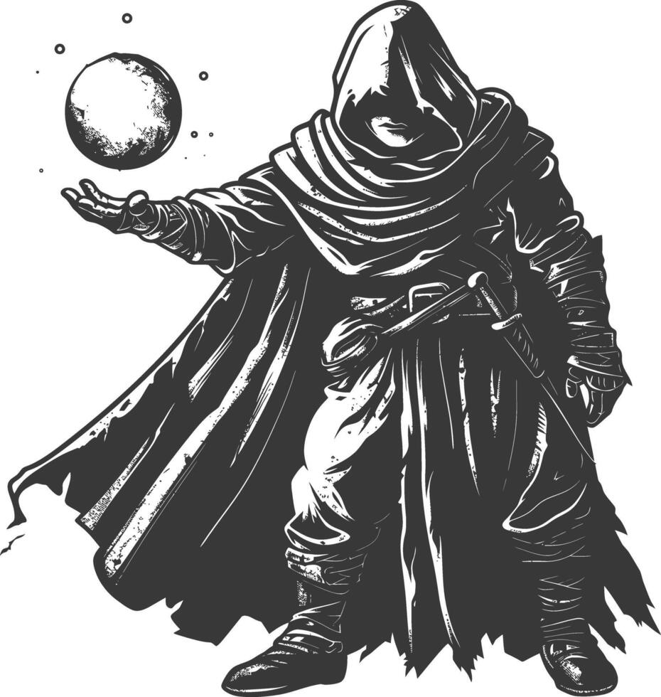 elf mage or necromancer with magical orb images using Old engraving style vector