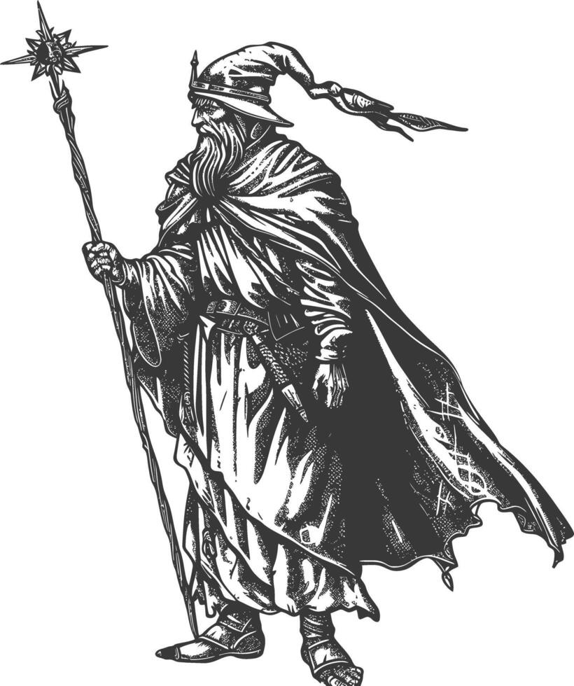 elf mage or necromancer with magical staff images using Old engraving style vector