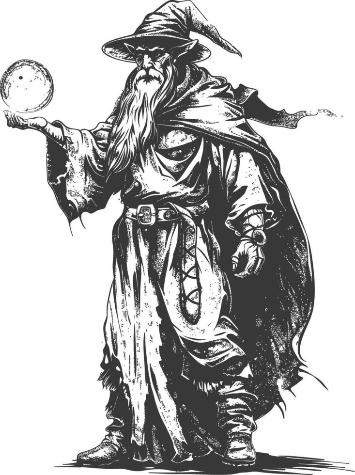elf mage or necromancer with magical orb images using Old engraving style vector