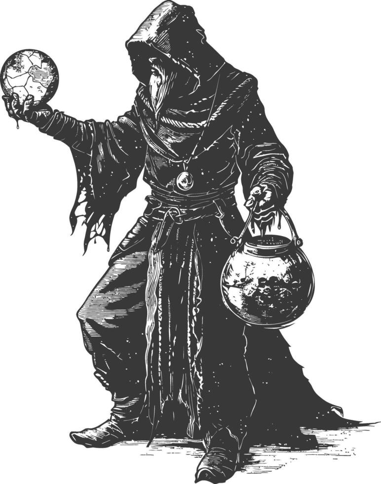elf mage or necromancer with magical orb images using Old engraving style vector